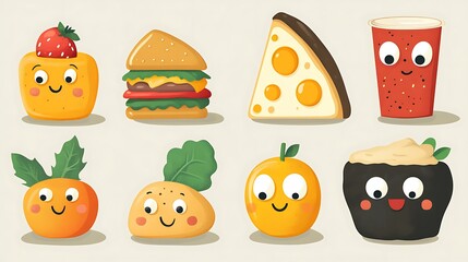 Cute Food Icons with Googly Eyes in Flat Design