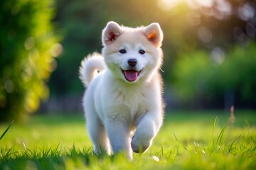 Adorable White Akita Inu Puppy Playing in the Grass - Cute, Fluffy, and Lively Dog Breed for Pet