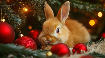 Adorable bunny nestled among Christmas tree branches and shiny red ornaments, creating a heartwarming holiday scene with twinkling lights in the background.