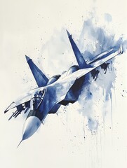 A dynamic blue watercolor painting of a fighter jet soaring through the sky, showcasing artistry and aviation with splashes of color.