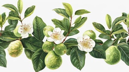 Guava Grove Vibrant Botanical Illustration of Blossoms and Fruits Perfect for Educational Materials and Nature Enthusiasts