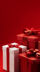 Fototapeta premium Festive red and white gift boxes with shimmering ribbons and bows arranged on a vibrant red background, creating an elegant and luxurious holiday atmosphere.