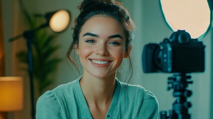 Radiant young woman smiles warmly at camera in home studio setup, surrounded by professional lighting and photography equipment, exuding joy and confidence.