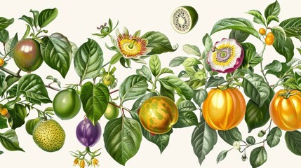 Lush and Vibrant Passion Fruit Vine Botanical Illustration for Gardening Inspiration