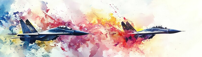 Two fighter jets fly against a vibrant, abstract background, capturing the essence of speed and power in aviation.