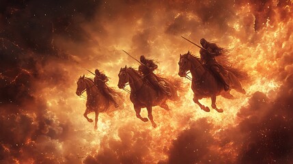 Fototapeta premium Three horsemen ride through a fiery, cosmic landscape, symbolizing power and drama.