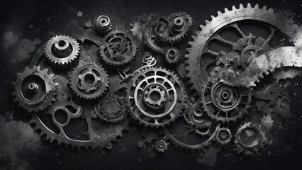 Gritty gears and pistons with oil splatters in monochrome representing industrial machinery