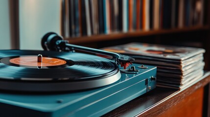 Teal Turntable with Vinyl Records and Bookcase in Background