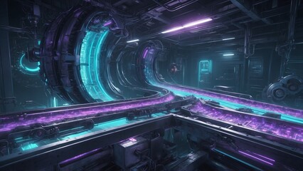 Fototapeta premium Industrial cybernetic conveyor belt gears turning in neon purple and blue representing futuristic technology