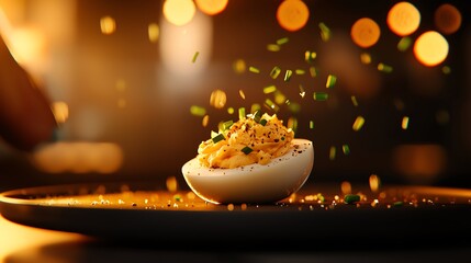 A beautifully plated egg dish, garnished with herbs, set against a warm, glowing background that enhances the culinary presentation.