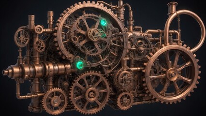 Fototapeta premium Steam-powered gears with glowing neon pipes in brass and copper tones representing retro-futuristic machinery