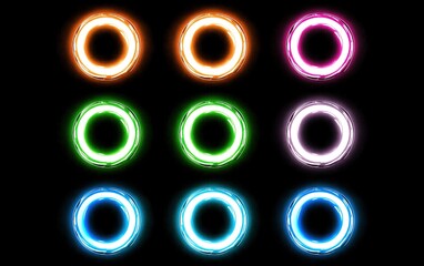 Naklejka premium Glowing neon rings in vibrant colors arranged in a grid pattern against a dark background