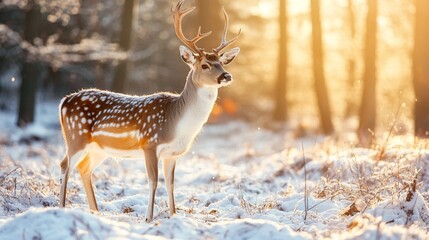 Majestic spotted deer standing alert in snowy forest at golden hour, sunlight filtering through trees, creating a magical winter wonderland scene.