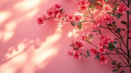 Fototapeta premium Bright pink azalea flowers gracefully branch out against a soft pastel pink wall. The gentle sunlight casts subtle shadows, highlighting the lush green leaves and creating a serene early spring ambian