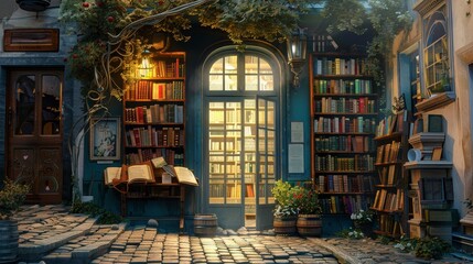 Enchanting European Bookstore Cozy Corner of Literary Delights on Cobblestone Street