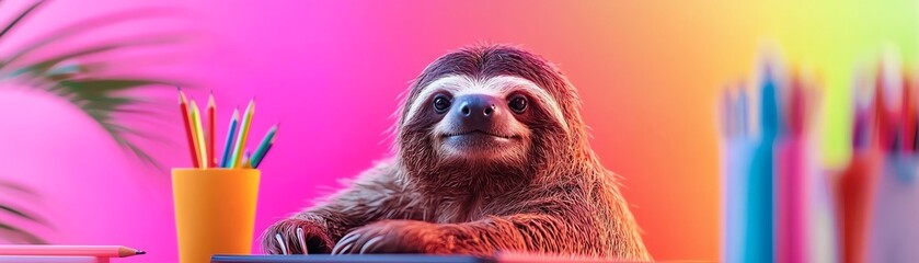 Fototapeta premium A cheerful sloth sitting at a desk with colorful stationery on a vibrant background.