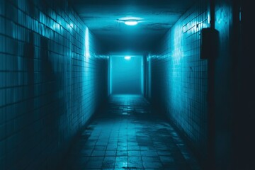 Dark and Empty Tiled Tunnel with a Faint Light at the End