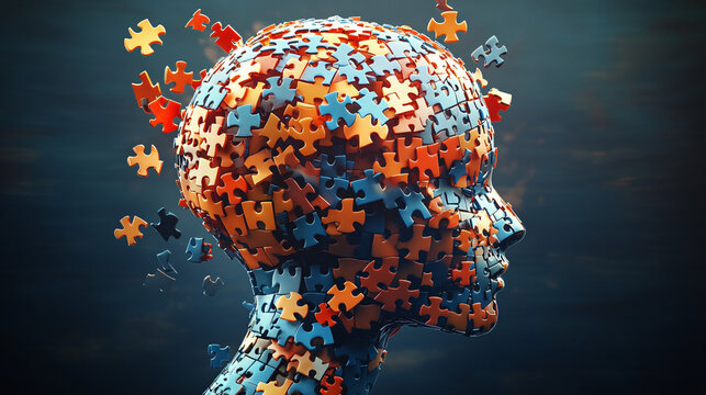 Puzzle-patterned silhouette of a human head breaking apart, depicting mental agility and problem-solving. Dramatic lighting and vibrant colors create a sense of creativity and cognitive...