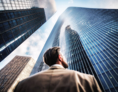 Perspectiva de un hombre mirando hacia lo alto de un rascacielos pensando en el exito y el triunfo en la empresa
