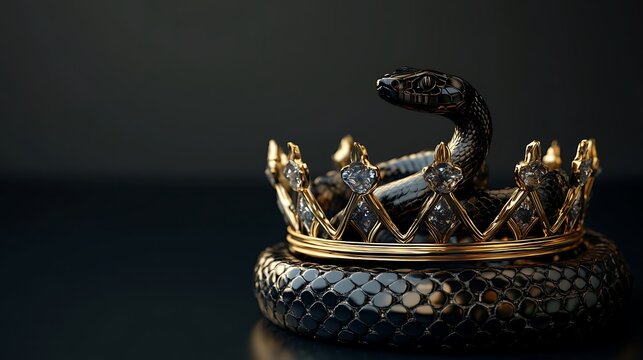 A detailed black snake coiled within a golden crown, symbolizing power and elegance.