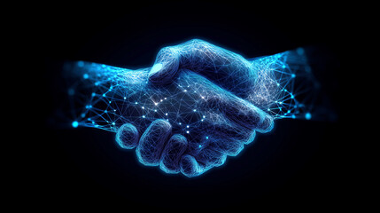 Hologram digital handshake symbolizing collaboration and technology