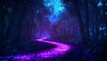 A mystical pathway illuminated by vibrant purple light in a dark forest, creating an enchanting atmosphere.