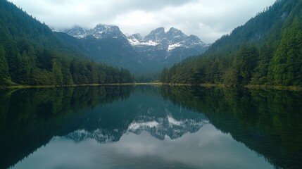 Fototapeta premium A serene mountain lake with crystal-clear water reflecting the surrounding snow-capped peaks