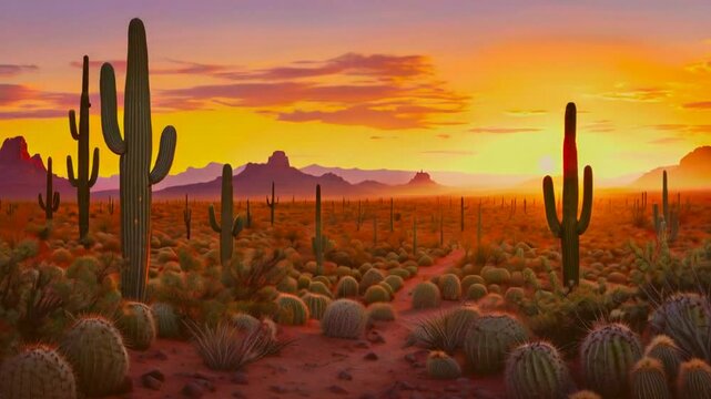 A vibrant desert landscape at sunset, showcasing cacti and rolling hills under colorful skies.