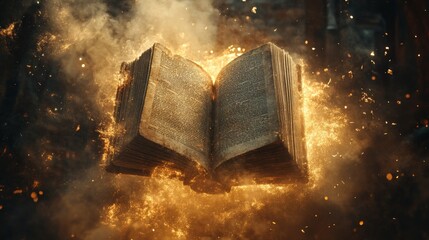 an ancient book floating in mid-air, its pages flipping open in a windless space