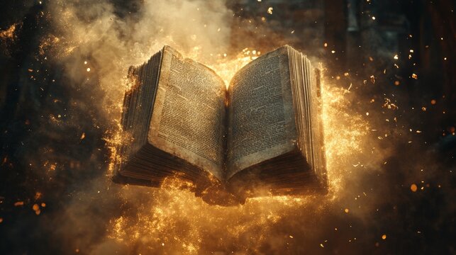 an ancient book floating in mid-air, its pages flipping open in a windless space