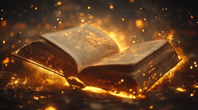 an ancient book floating in mid-air, its pages flipping open in a windless space
