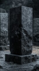 Ancient stone monoliths rise from a misty forest floor, partially shrouded in fog at twilight. Their rugged surfaces and towering presence evoke a sense of mystery and history in this tranquil yet eer