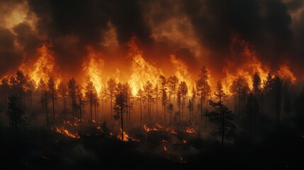 Naklejka premium A powerful forest wildfire engulfs trees in towering flames, producing thick smoke, illustrating the destructive force of wildfires on nature. 