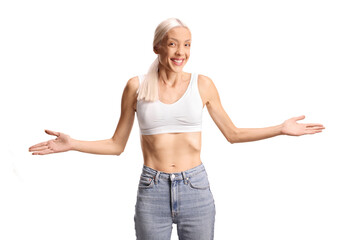 Happy slim woman in a white underwear top and jeans