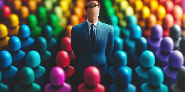 A faceless figure in a suit stands among colorful, abstract, mannequin-like people in a surreal setting.