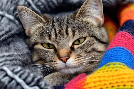 A relaxed tabby cat snuggled in a vibrant knitted blanket, reflecting warmth and tranquility in a colorful setting.