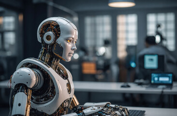 Fototapeta premium AI robot sitting on computer in office technology work business