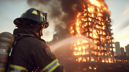 A brave firefighter fights a raging blaze at a high-rise building during sunset, showcasing the urgency and danger of emergency response in urban environments.