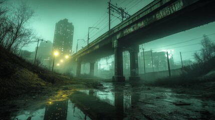 Fototapeta premium A wide-angle shot of a dystopian, abandoned city underpass at night