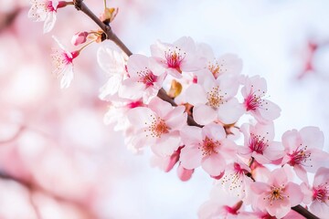 Obraz premium Delicate pink cherry blossoms in full bloom on a branch during springtime.