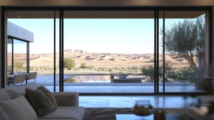 Fototapeta premium A serene view of a modern home overlooking desert landscapes and a swimming pool.