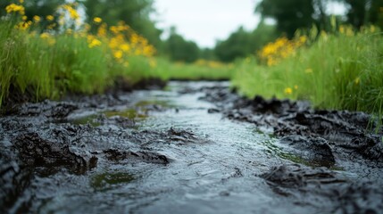 Fototapeta premium A river with oil spills flows through a beautiful autumn landscape. with murky water and muddy banks Highlights concerns about environmental contamination.