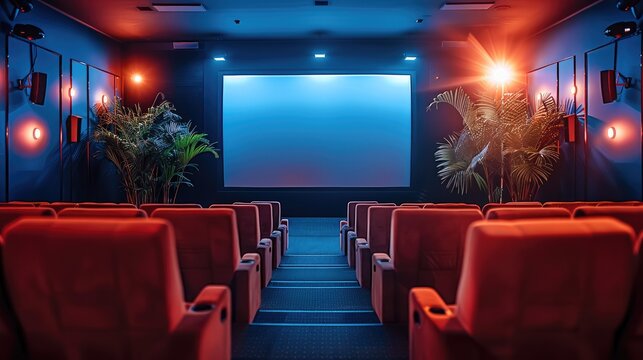 Small modern movie theater with ultra wide bright silver screen in the middle of luxury mansion home.