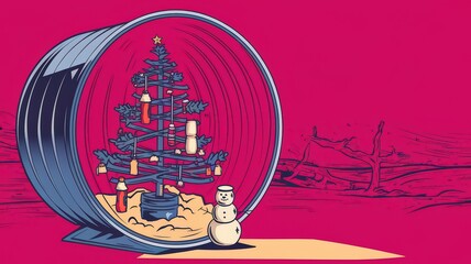 Obraz premium illustration featuring Christmas tree trapped upside down in toxic waste barrel, surrounded by discarded items, evoking playful yet cautionary tale about environmental issues during festive season.