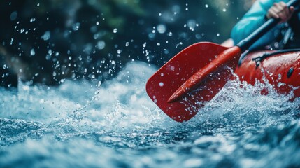 Naklejka premium Rafting in the river, focusing only on the paddle blades.