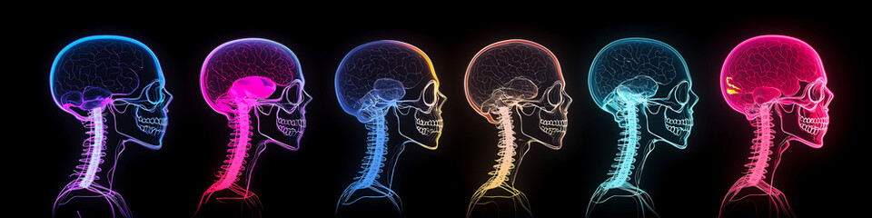 Neon Glowing Skull, High Tech Cyber UV Light X-ray Effect. Surreal Psychedelic Art, Trendy Minimal Modern, Progressive New Age Electronic Trance Music. Club Nightlife, Halloween Party Banner Cover
