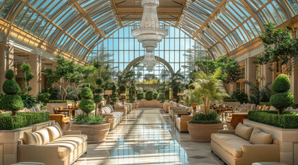 An elegant indoor lounge area with a high, vaulted glass ceiling supported by metal beams, allowing natural light to stream in. The space features multiple large crystal chandeliers hanging.