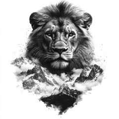 The outline of a lion merging into the sharp peaks of the Alps, where snow-capped mountains flow into its regal form. White background. AR: 3:2. 