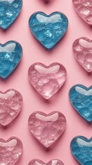 Fototapeta premium A delightful arrangement of heart-shaped gel candies in pink and blue hues is set against a soft pink surface. The shiny texture and playful colors create a cheerful aesthetic, perfect for any sweet o