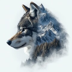 The outline of a wolf merging with the jagged peaks of Patagonia, where snow-dusted mountains blend into its sharp profile. White background. AR: 3:2. 
